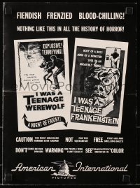 1r373 I WAS A TEENAGE WEREWOLF/I WAS A TEENAGE FRANKENSTEIN pressbook 1957 fiendish & frenzied!