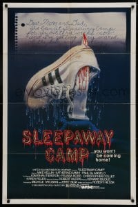 1r550 SLEEPAWAY CAMP 1sh 1983 horror art of bloody knife through shoe, you won't be coming home!