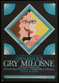 1t412 TRICKY GAME OF LOVE Polish 23x32 1972 Jiri Krejcik, bizarre Krajewski art of couple kissing!