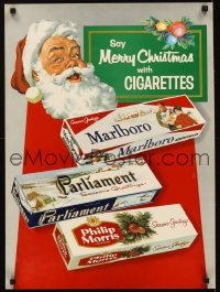 1w040 SAY MERRY CHRISTMAS WITH CIGARETTES 19x26 advertising poster 1950s art of Santa & cigs!
