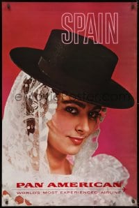 1w008 PAN AMERICAN SPAIN 28x42 travel poster 1960s great image of pretty Spainiard in hat!