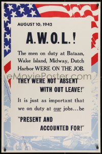 1w051 A.W.O.L. 25x38 WWII war poster 1942 the men on duty at Bataan were on the job!
