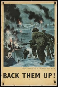 1w053 BACK THEM UP 20x30 English WWII war poster 1940s Commando raid on German port in Norway!