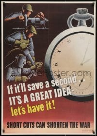 1w076 IF IT'LL SAVE A SECOND 29x40 WWII war poster 1943 stop watch and men at work by Koerner!
