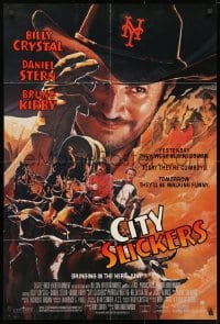 1y181 CITY SLICKERS advance 1sh 1991 great artwork of cowboys Billy Crystal & Daniel Stern!