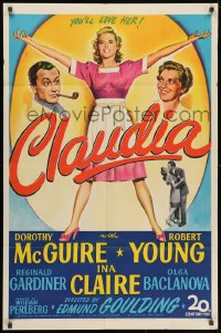 1y185 CLAUDIA 1sh 1943 art of full-length Dorothy McGuire, Robert Young & Ina Claire!
