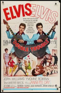 1y255 DOUBLE TROUBLE 1sh 1967 cool mirror image of rockin' Elvis Presley playing guitar!