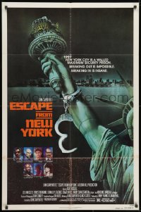 1y288 ESCAPE FROM NEW YORK advance 1sh 1981 Carpenter, art of handcuffed Lady Liberty by Stan Watts!