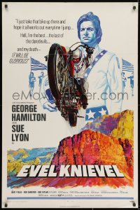 1y290 EVEL KNIEVEL 1sh 1971 George Hamilton is THE daredevil, great art of motorcycle jump!