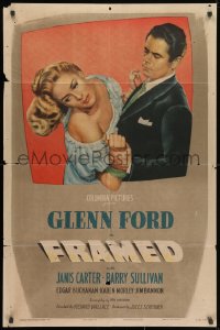 1y329 FRAMED 1sh 1947 cool art of Glenn Ford grabbing Janis Carter out of the frame, film noir!