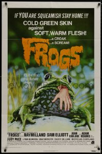 1y339 FROGS 1sh 1972 great horror art of man-eating amphibian with human hand hanging from mouth!