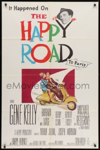 1y400 HAPPY ROAD 1sh 1957 romantic art of Gene Kelly & Barbara Laage riding on Vespa!