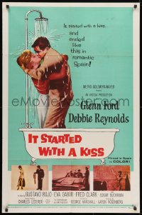 1y464 IT STARTED WITH A KISS 1sh 1959 Glenn Ford & Debbie Reynolds kissing in shower in Spain!