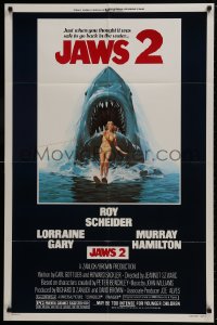 1y472 JAWS 2 1sh 1978 great classic art of giant shark attacking girl on water skis by Lou Feck!