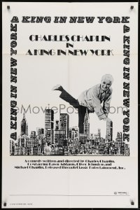 1y493 KING IN NEW YORK 1sh R1973 great image of Charlie Chaplin over NYC skyline!