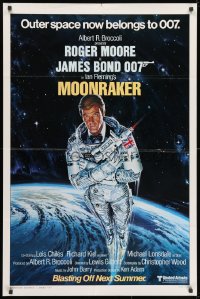 1y586 MOONRAKER style A advance 1sh 1979 art of Roger Moore as Bond blasting off in space by Goozee!