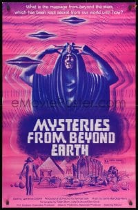 1y604 MYSTERIES FROM BEYOND EARTH 25x38 1sh 1975 cool artwork of wacky alien & flying saucers!