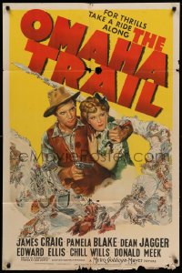 1y625 OMAHA TRAIL 1sh 1942 art of James Craig & Pamela Blake, wagon train attack!