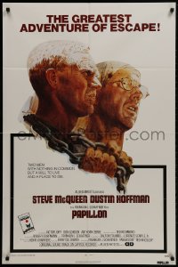1y646 PAPILLON 1sh 1973 prisoners Steve McQueen & Dustin Hoffman by Tom Jung, Allied Artists!