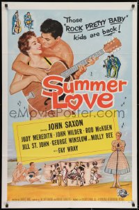 1y832 SUMMER LOVE 1sh 1958 very young John Saxon plays guitar with pretty girl on beach!
