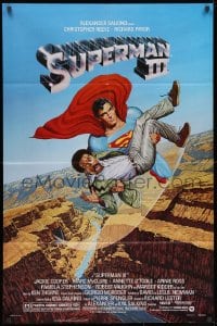 1y837 SUPERMAN III 1sh 1983 art of Christopher Reeve flying with Richard Pryor by L. Salk!