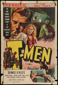 1y894 T-MEN 1sh 1947 Anthony Mann film noir, cool art of sexy bad girl & man with gun!