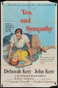 1y859 TEA & SYMPATHY 1sh 1956 great artwork of Deborah Kerr & John Kerr by Gale, classic tagline!