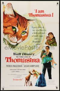 1y886 THREE LIVES OF THOMASINA 1sh 1964 Walt Disney, great art of winking & smiling cat!