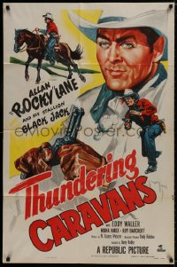 1y889 THUNDERING CARAVANS 1sh 1952 great artwork of cowboy Rocky Lane w/smoking gun & Black Jack!