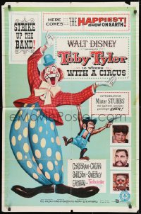 1y897 TOBY TYLER 1sh 1960 Walt Disney, art of wacky circus clown, Mister Stubbs w/revolver!