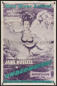 1y922 UNDERWATER 1sh R1958 Howard Hughes, skin diver Jane Russell swimming by shark, rare!
