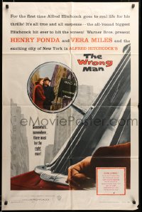 1y985 WRONG MAN 1sh 1957 Henry Fonda, Vera Miles, Alfred Hitchcock, cool rear view mirror art!