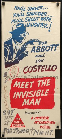 1z703 ABBOTT & COSTELLO MEET THE INVISIBLE MAN Aust daybill R1960s art of detectives Bud & Lou!