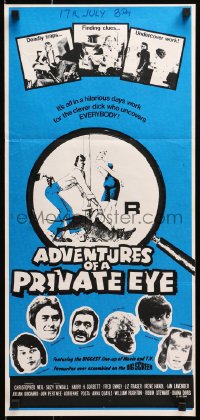1z704 ADVENTURES OF A PRIVATE EYE Aust daybill 1977 Christopher Neil, Suzy Kendall, wacky art!