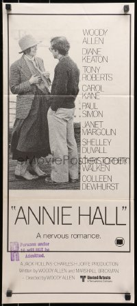 1z712 ANNIE HALL Aust daybill 1977 full-length Woody Allen & Diane Keaton, a nervous romance!
