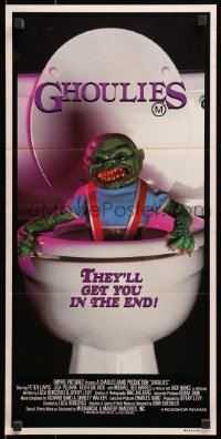 1z802 GHOULIES Aust daybill 1985 wacky horror image of goblin in toilet, they'll get you in the end
