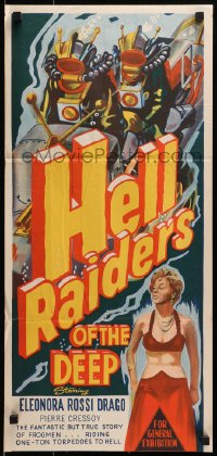 1z814 HELL RAIDERS OF THE DEEP Aust daybill 1954 art of Italian frogmen in diving suits!