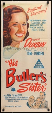 1z817 HIS BUTLER'S SISTER Aust daybill R1950s c/u of Deanna Durbin, Franchot Tone, Pat O'Brien!