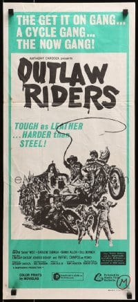 1z884 OUTLAW RIDERS Aust daybill 1971 great border art of wacky bikers, tough as leather, harder than steel!
