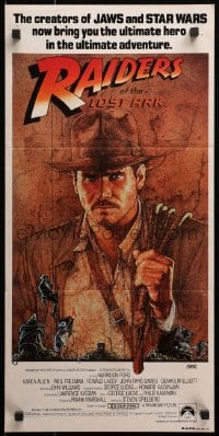 1z900 RAIDERS OF THE LOST ARK UIP Aust daybill 1981 great Richard Amsel artwork of Harrison Ford!