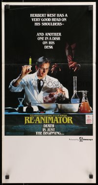 1z902 RE-ANIMATOR Aust daybill 1986 image of mad scientist Jeffrey Combs with severed head in bowl!