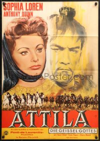 1z343 ATTILA German R1960s different art of Anthony Quinn as The Hun with sexy Sophia Loren!