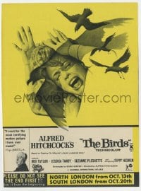 1z046 BIRDS English trade ad 1963 Alfred Hitchcock shown, art of Jessica Tandy attacked!