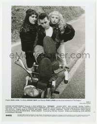 2a181 CRY-BABY 8x10.25 still 1990 Johnny Depp on motorcycle between Ricki Lake & Traci Lords!