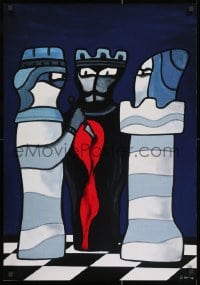 2b552 JAN LENICA commercial Polish 23x34 1980s art of three chess pieces, king has been stabbed!