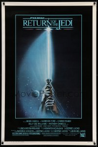 2b886 RETURN OF THE JEDI 1sh 1983 George Lucas, art of hands holding lightsaber by Tim Reamer!