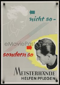 2b434 MEISTERHANDE HELFEN PFLEGEN 17x24 German special poster 1955 man w/ right hairstyle, Brodel!
