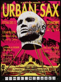 2b085 URBAN SAX 24x32 Belgian music poster 1992 art of botanical building with statue of a head!