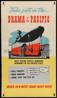 2b110 DRAMA OF THE PACIFIC 24x42 WWII war poster 1940s art of a battle damaged warship!
