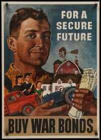 2b111 FOR A SECURE FUTURE 20x28 WWII war poster 1945 family and farm in man's arms by Amos Sewell!